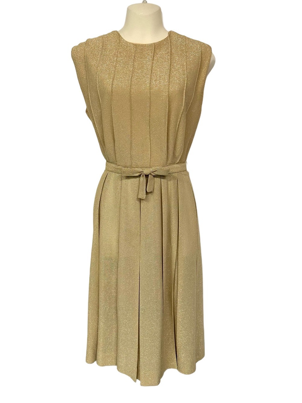 Vintage Gold Lurex Pleated Dress ILGWU Union Made 1950s 1960s Belted Cocktail